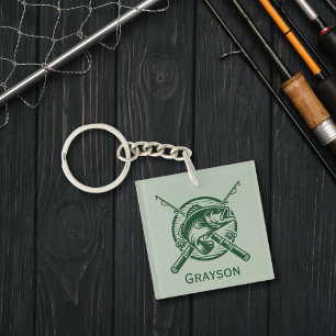 Green Fisherman Pole und Fische Personalisiert Schlüsselanhänger