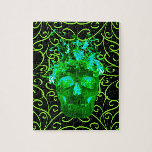 Green Flaming Fire Skull Art Puzzle
