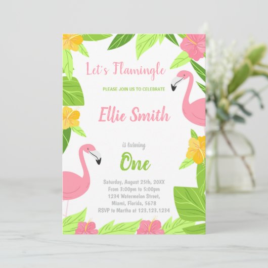 Green Flamingo Einladungen zum Geburtstag (Stehend Vorderseite)