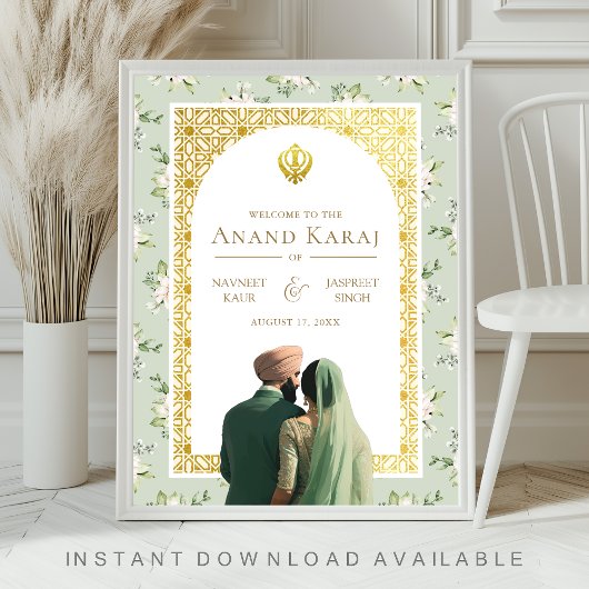 Green Floral Anand Karaj Sikh Wedding Welcome Sign Poster