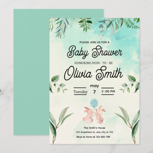 Green Floral Baby Shower, Spring Baby Shower  Einladung (Vorne/Hinten)