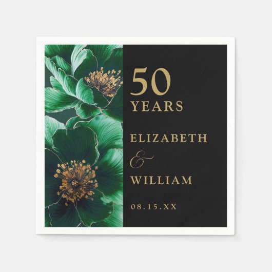 Green Floral Black und Gold Chic 50 Jahre alt Serviette (Vorderseite)