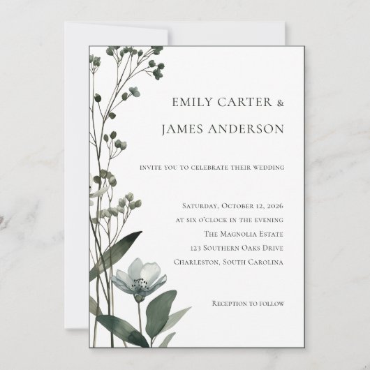 Green Floral Botanical Wedding Einladung (Vorderseite)