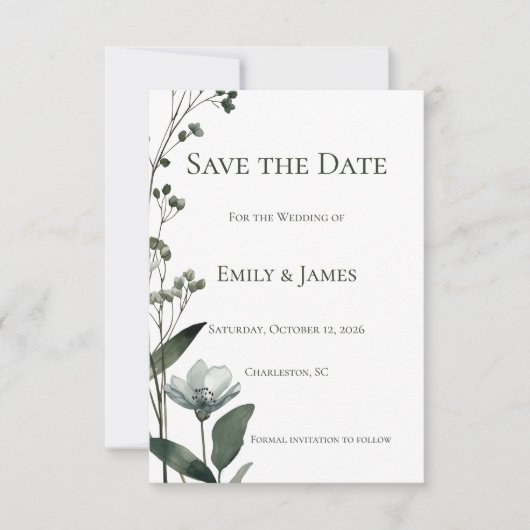 Green Floral Botanical Wedding Save The Date (Vorderseite)