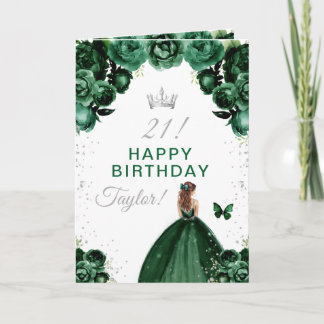 Green Floral Brown Hair Girl Happy Birthday Karte