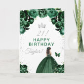 Green Floral Brünett Hair Girl Happy Birthday Karte (Vorderseite)