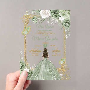 Green Floral Butterfly Gold Frame Mis Quince Acryleinladungen