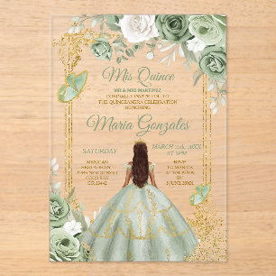 Green Floral Butterfly Gold Frame Mis Quince Acryleinladungen