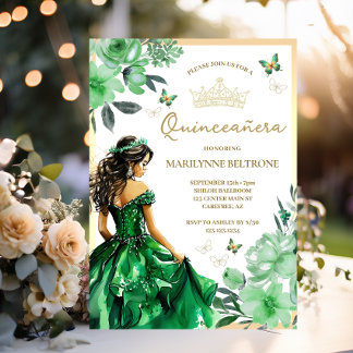 Green Floral Dress Butterfly Quinceañera Einladung