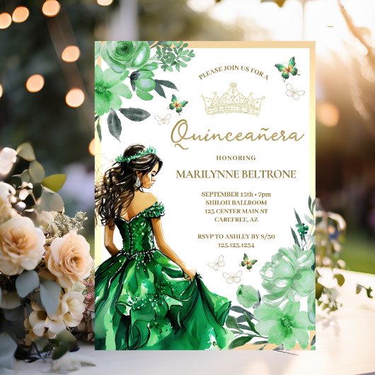 Green Floral Dress Butterfly Quinceañera Einladung