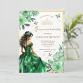 Green Floral Dress Butterfly Quinceañera Einladung (Stehend Vorderseite)