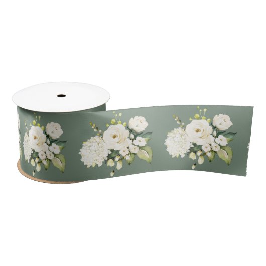 Green Floral Elegant Satin Ribbon Satinband (Spule)