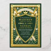 Green Floral Fantasy Sword Shield Monogram Wedding Folieneinladung (Vorderseite)