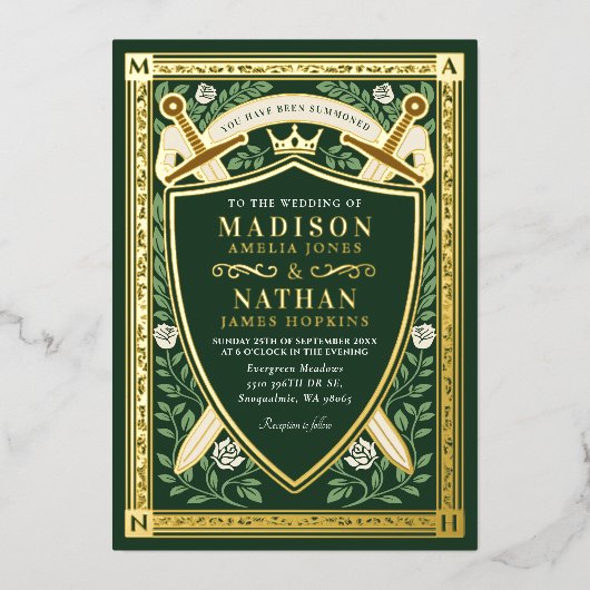 Green Floral Fantasy Sword Shield Monogram Wedding Folieneinladung (Vorderseite)