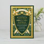 Green Floral Fantasy Sword Shield Monogram Wedding Folieneinladung (Stehend vorne)