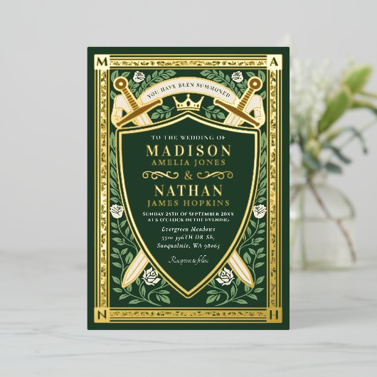 Green Floral Fantasy Sword Shield Monogram Wedding Folieneinladung (Stehend vorne)