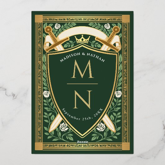 Green Floral Fantasy Sword Shield Monogram Wedding Folieneinladung (Rückseite)
