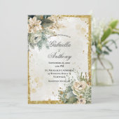 Green Floral Gold Wedding Einladung (Stehend Vorderseite)