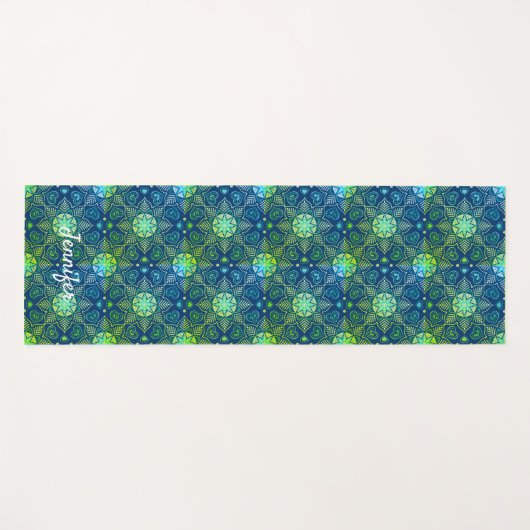 Green Floral Mandala Muster auf Navy Blue Yogamatte (Vorderseite (Horizontal))