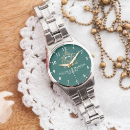 Green Floral Monogram Wedding Personalized Couple Armbanduhr