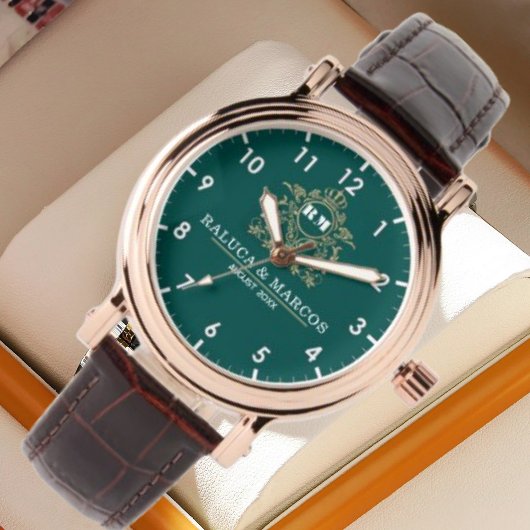 Green Floral Monogram Wedding Personalized Couple Armbanduhr