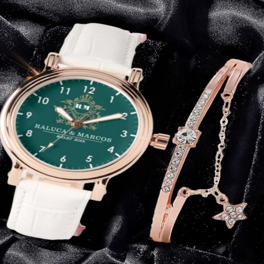 Green Floral Monogram Wedding Personalized Couple Armbanduhr