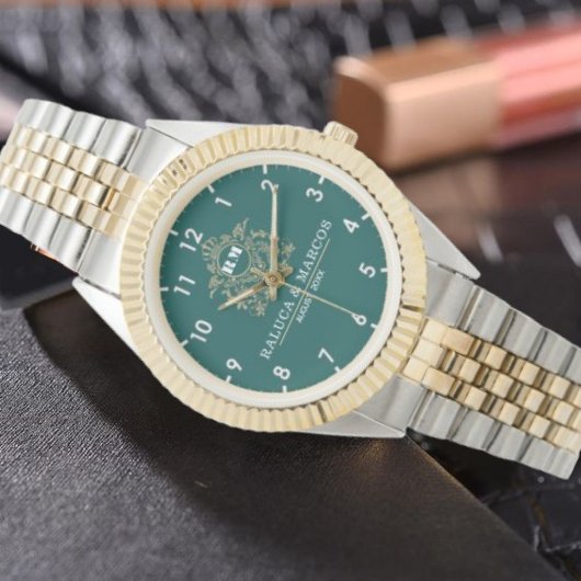 Green Floral Monogram Wedding Personalized Couple Armbanduhr