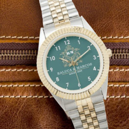 Green Floral Monogram Wedding Personalized Couple Armbanduhr