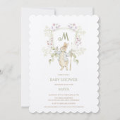 Green Floral Peter die Rabbit Monogram Babydusche Einladung (Vorderseite)