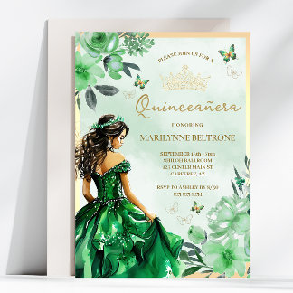 Green Floral Princess Butterfly Quinceañera Einladung