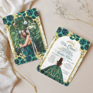 Green Floral Princess Gold Arch Foto Quinceanera Einladung