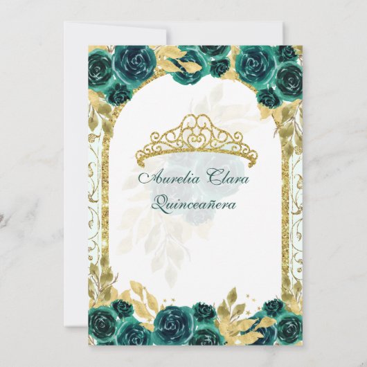 Green Floral Princess Gold Arch Quinceanera Einladung (Rückseite)