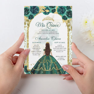 Green Floral Princess Gold Arch Quinceanera Einladung