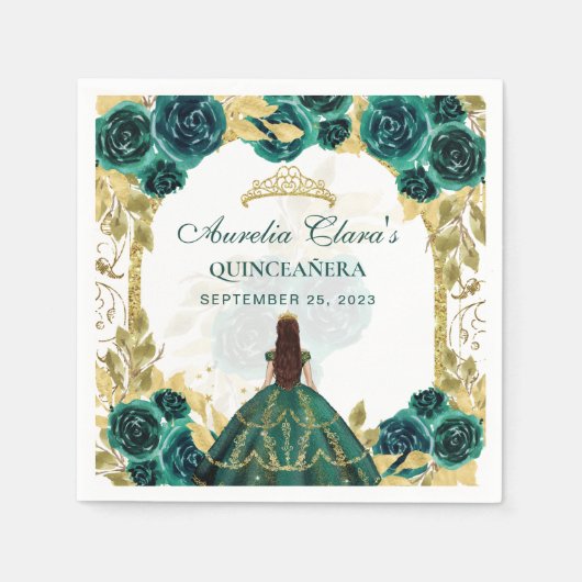 Green Floral Princess Gold Arch Quinceanera Serviette (Vorderseite)