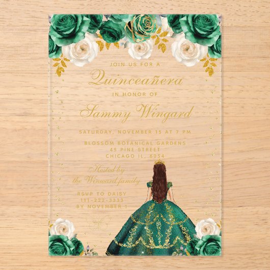 Green Floral Princess Quinceañera Acryleinladungen (Vorderseite)