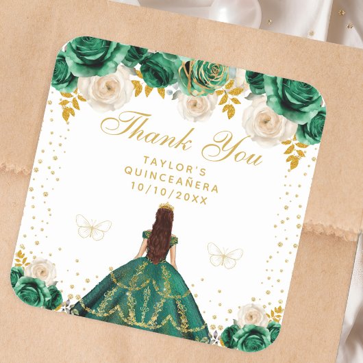 Green Floral Princess Quinceañera Quadratischer Aufkleber