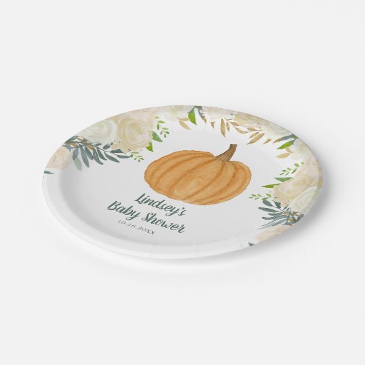 Green Floral Pumpkin Fall Baby Shower Pappteller (Schrägansicht)