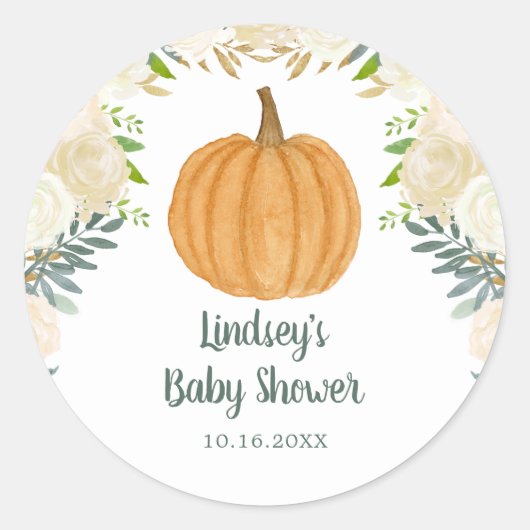Green Floral Pumpkin Fall Baby Shower Runder Aufkleber (Vorderseite)