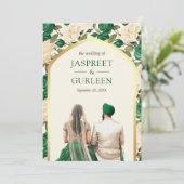 Green Floral Punjabi Anand Karaj Sikh Wedding Einladung (Stehend Vorderseite)
