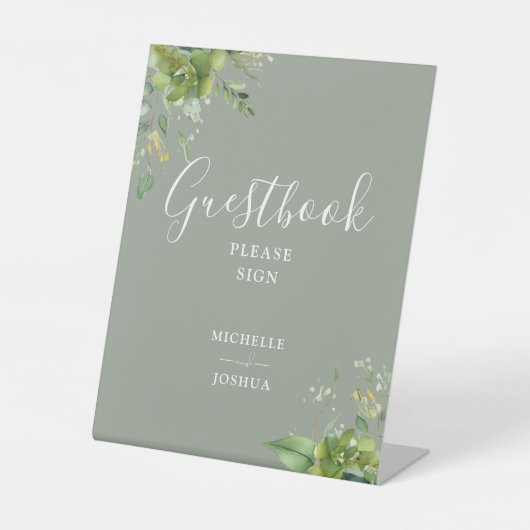 Green Floral Sage Green Gästebuch Sockelschild (Vorderseite)