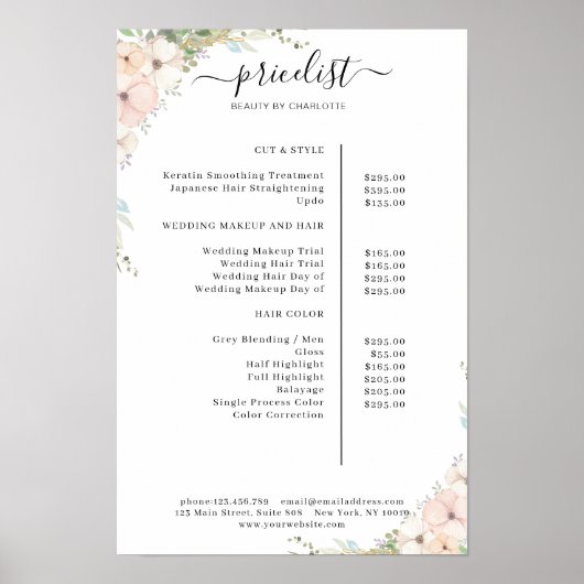 Green Floral Salon Preisliste Poster (Vorne)