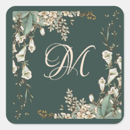 Green Floral Script Monogram Elegant Wedding Quadratischer Aufkleber