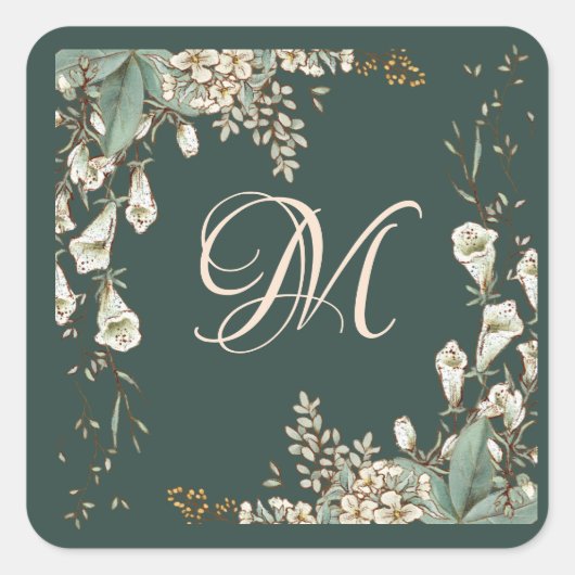 Green Floral Script Monogram Elegant Wedding Quadratischer Aufkleber (Vorderseite)
