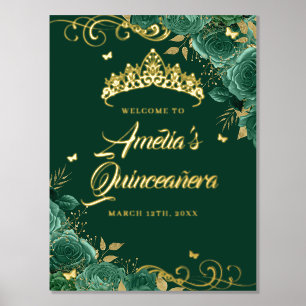Green Floral Swirl Quinceanera Willkommenszeichen Foliendrucke
