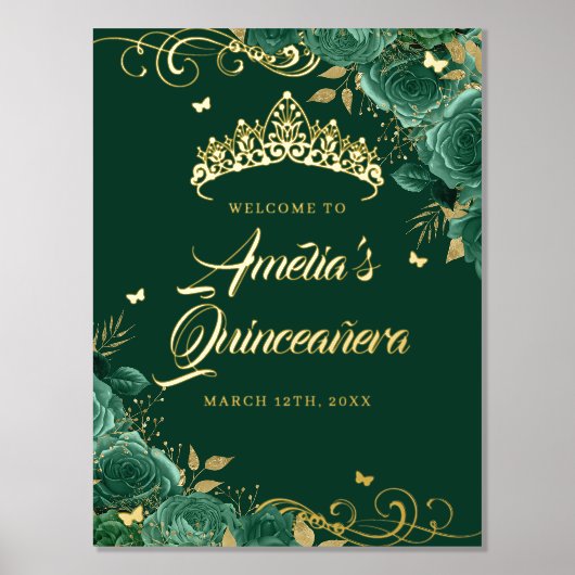 Green Floral Swirl Quinceanera Willkommenszeichen Foliendrucke (Vorderseite)