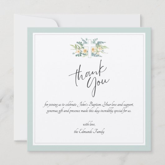 Green Floral Watercolor Baptism  Dankeskarte (Vorderseite)
