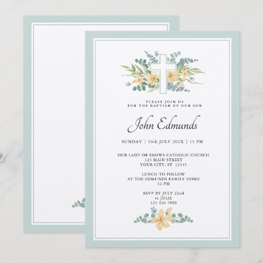 Green Floral Watercolor Baptism Invitation Einladung (Vorne/Hinten)