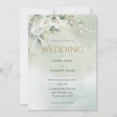 Green Floral Watercolor Gold Hochzeit Einladung (Vorderseite)