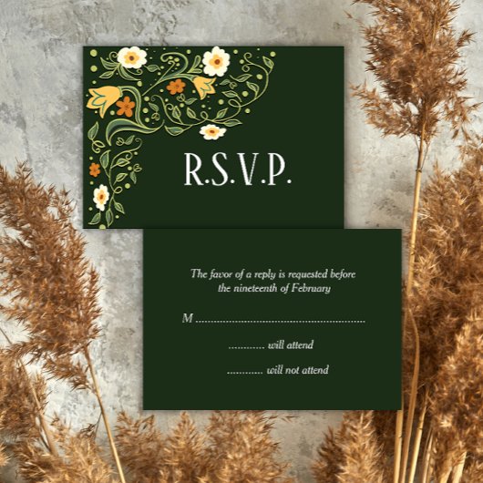 Green Floral Wedding RSVP Karte
