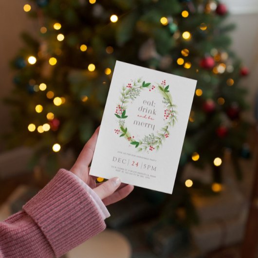 Green Floral Weihnachts-Kranz Einladungskarte Einladung